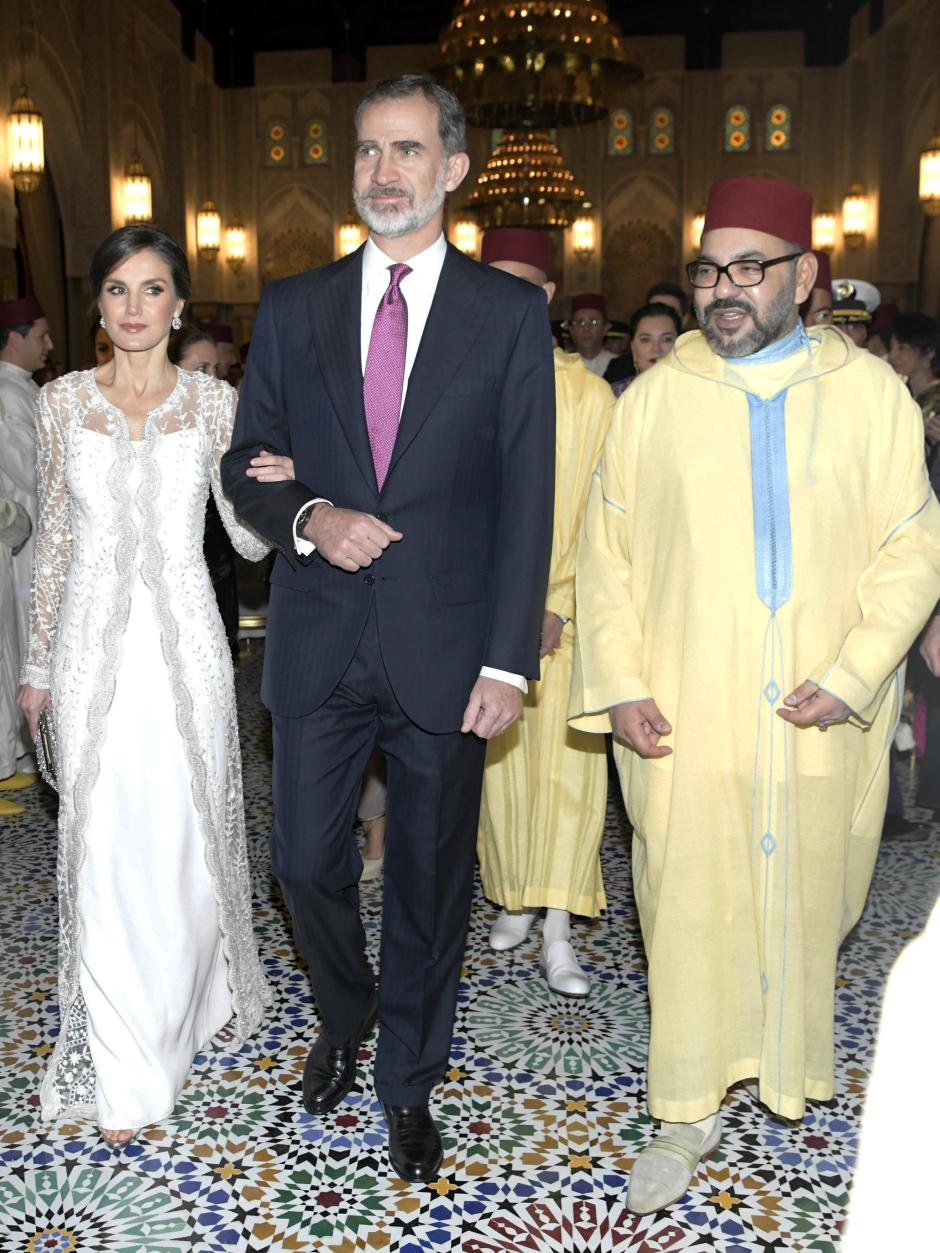 King Felipe VI of Spain, Queen Letizia of Spain with Mohammed VI of Morocco attending a Gala Dinner on February 13, 2019 in Rabat during a royal visit to Morocco