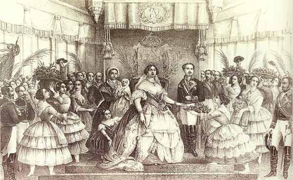 Grabado conmemorativo de Isabel II en la inauguración del Ferrocarril Madrid-Alicante, en mayo 1858.