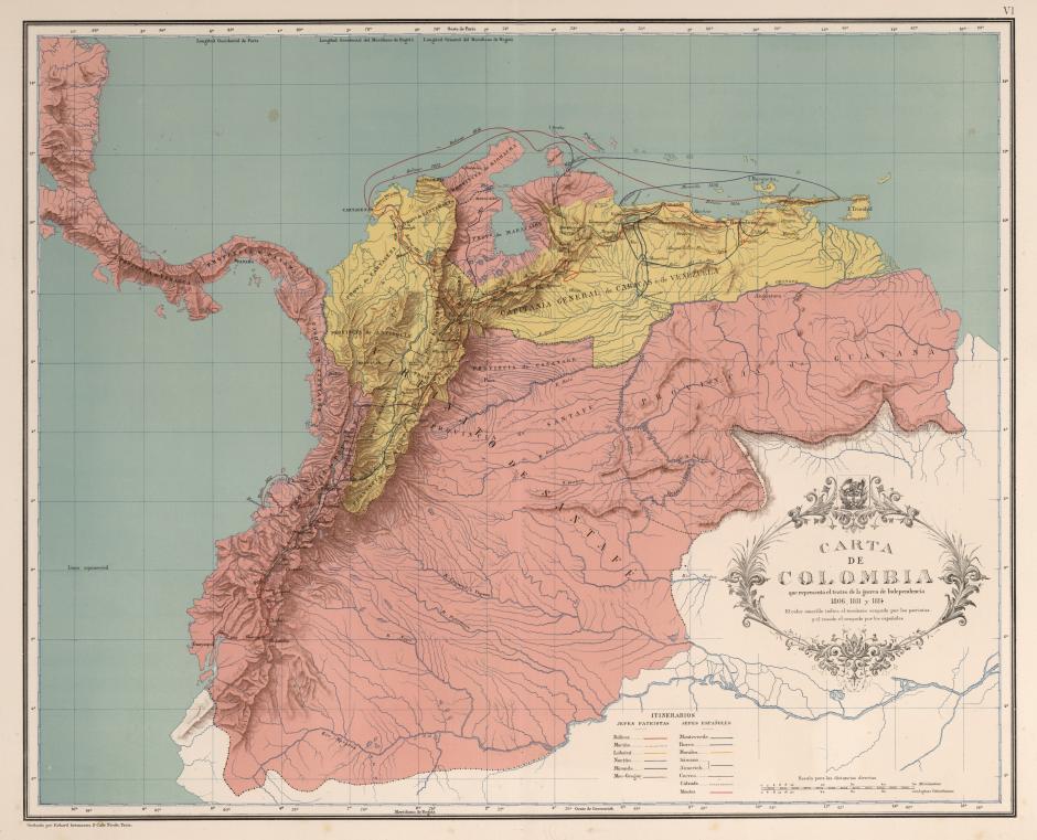 Carta que representa el teatro de independencia años 1806, 1811 y 1814. Carta VI del Atlas geográfico e histórico de la República de Colombia, 1890