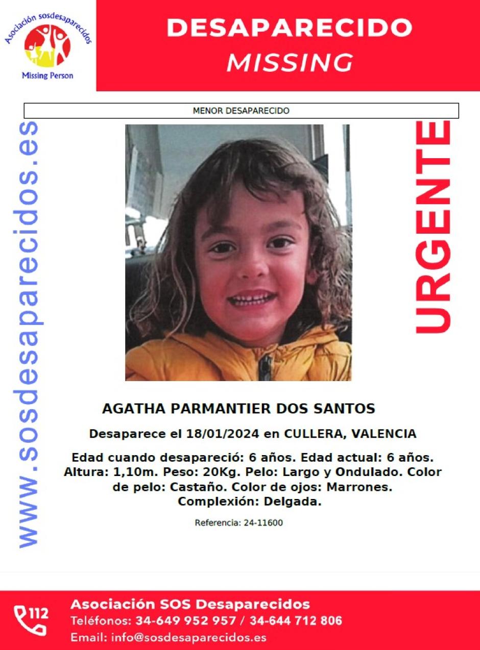 Cartel de SOS Desaparecidos para ayudar a encontrar a la niña desaparecida en Cullera