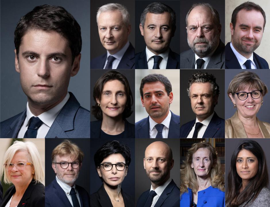 Esta combinación de fotografías muestra a los nuevos miembros del gabinete del primer ministro francés Gabriel Attal