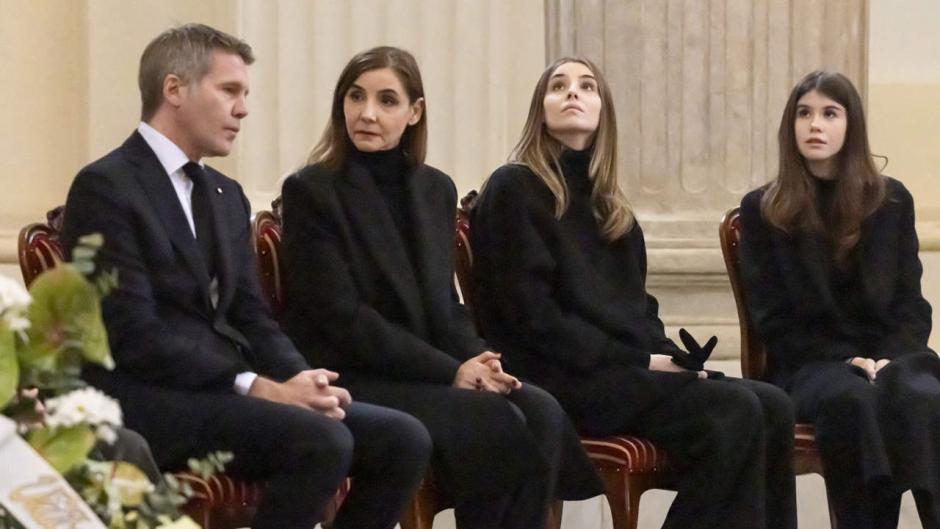 Prince Emanuele Filiberto of Savoy with his family: his wife Clotilde Courau, and his daugthers Vittoria di Savoia and Luisa di Savoia attend the official opening of the burial chamber in Saint Umberto Church of SAR Prince Vittorio Emanuele of Savoy. Venaria Reale (Italy) February 9th, 2024. Photo by Marco Piovanotto/Abacapress.com