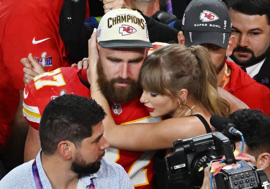 Kansas City Chiefs tight end Travis Kelce and sses his girlfriend Taylor Swift during NFL Super Bowl LVIII, Las Vegas, USA - 11 Feb 2024