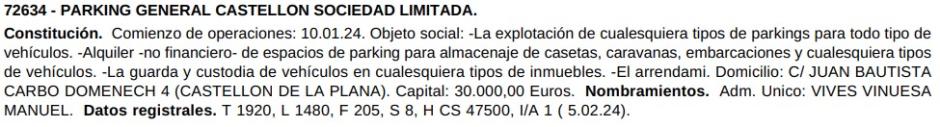 Publicación en el BOE de la empresa constituida por un asesor municipal de Castellón para explotar un aparcamiento