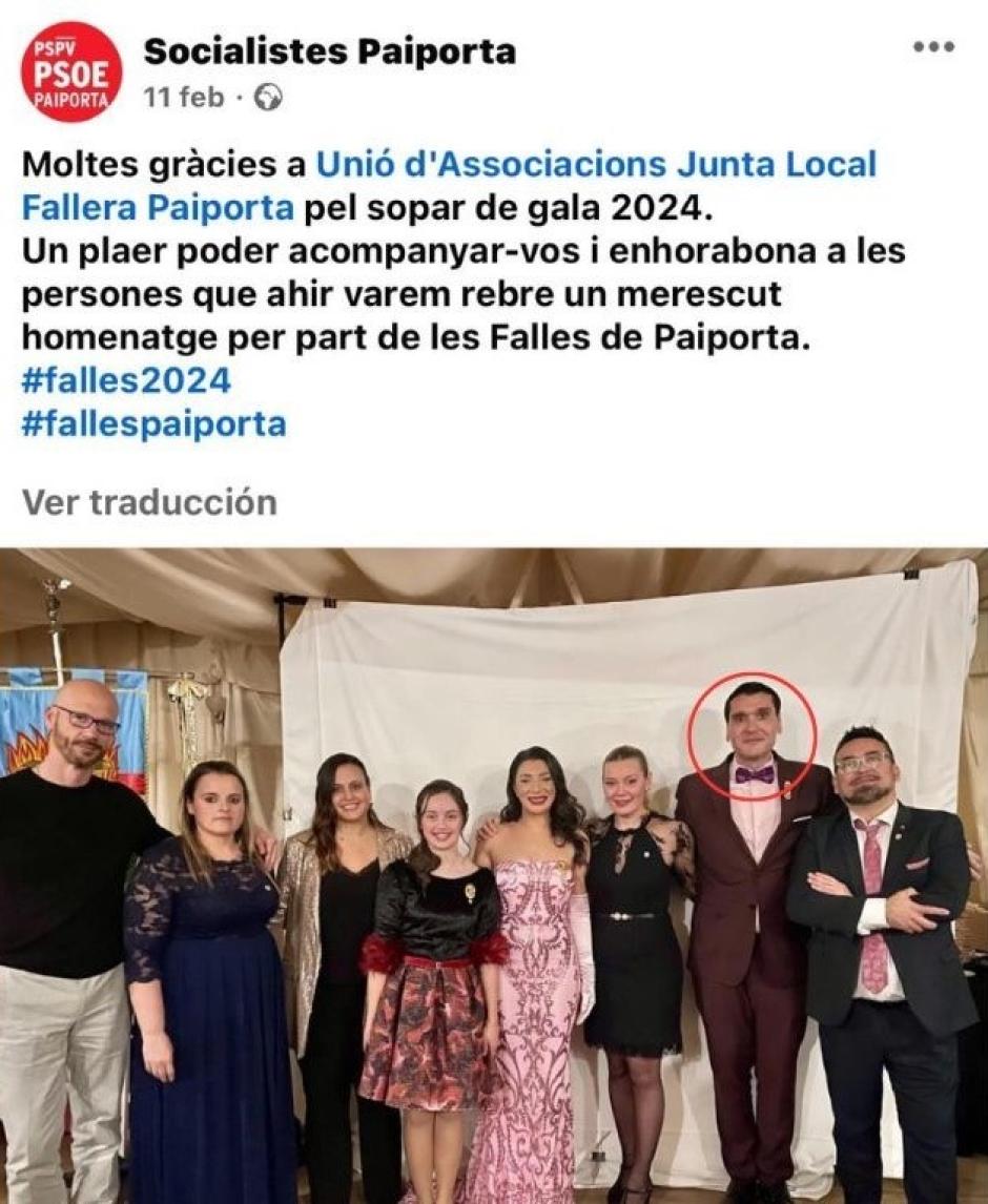 Zamora, en una publicación del PSOE de Paiporta por una cena de gala de la Junta Local Fallera