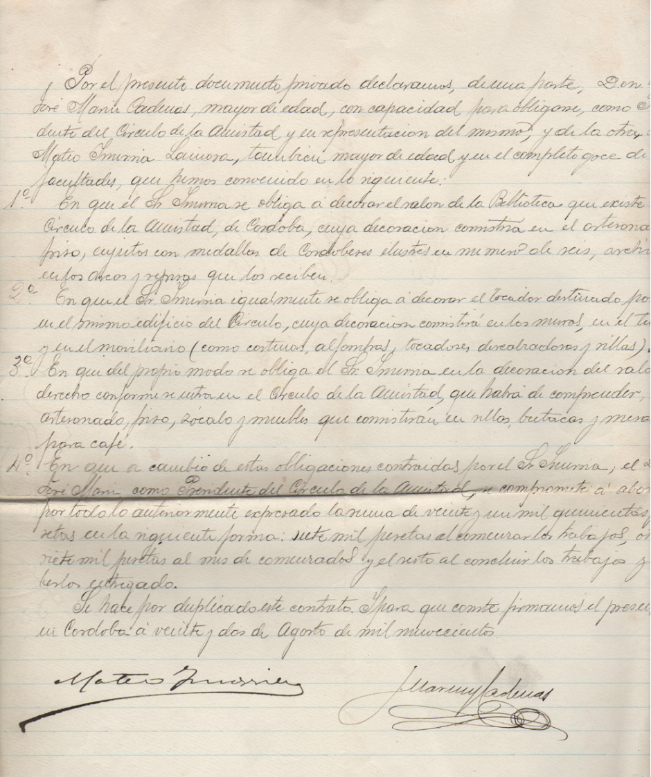 Contrato entre Mateo Inurria y José Marín Cadenas expuesto en la biblioteca del Círculo