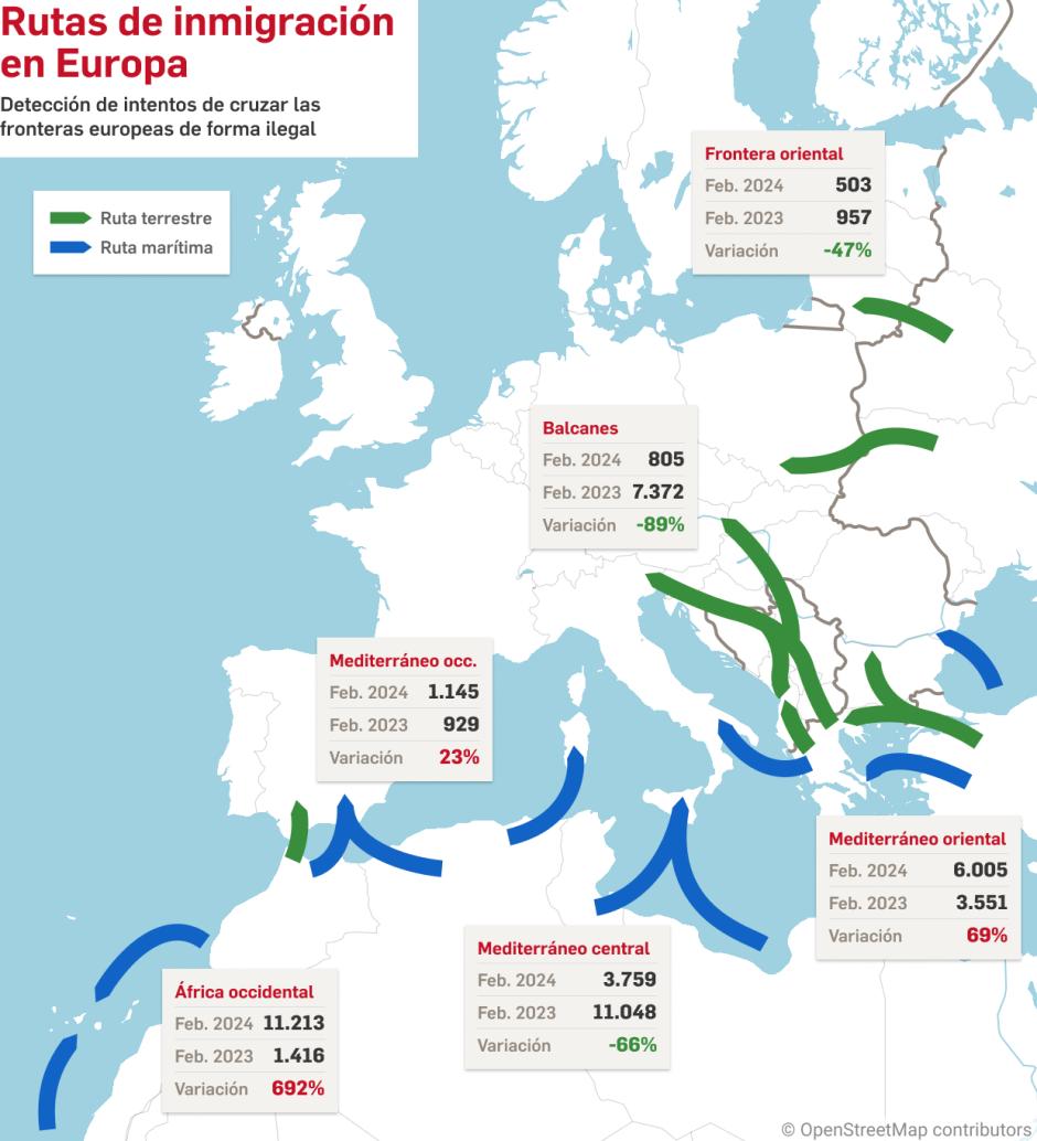 Mapa sobre la inmigración que llega a Europa