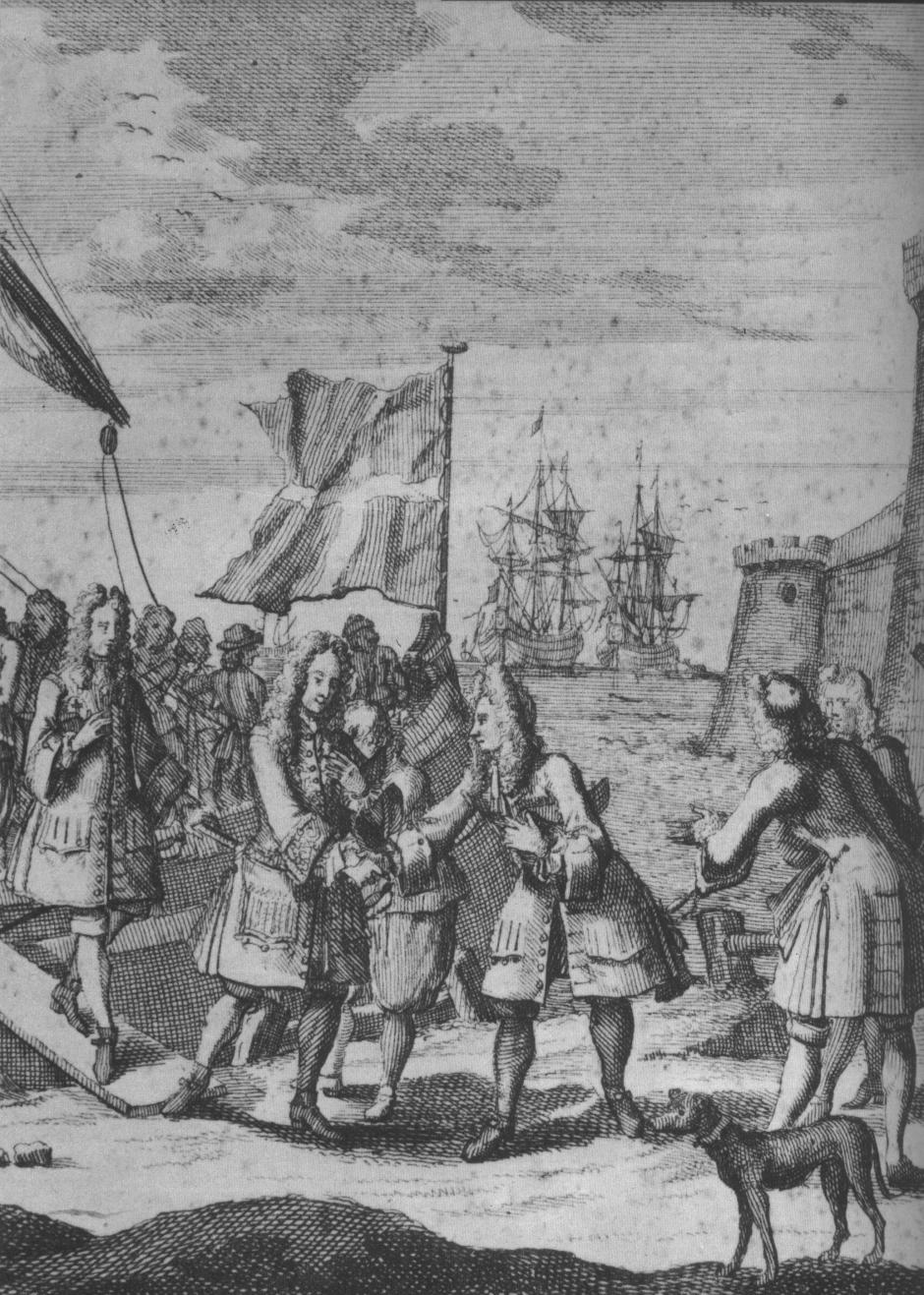 El Viejo Pretendiente desembarca en Escocia después de la batalla de Sheriffmuir. Un grabado del siglo XVIII