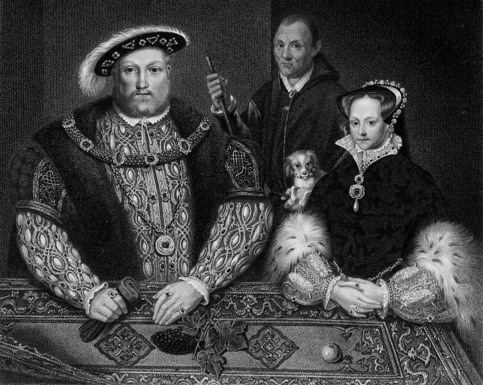 Enrique VIII, su hija María y su bufón Will Sommers (grabado c. s. xvi)