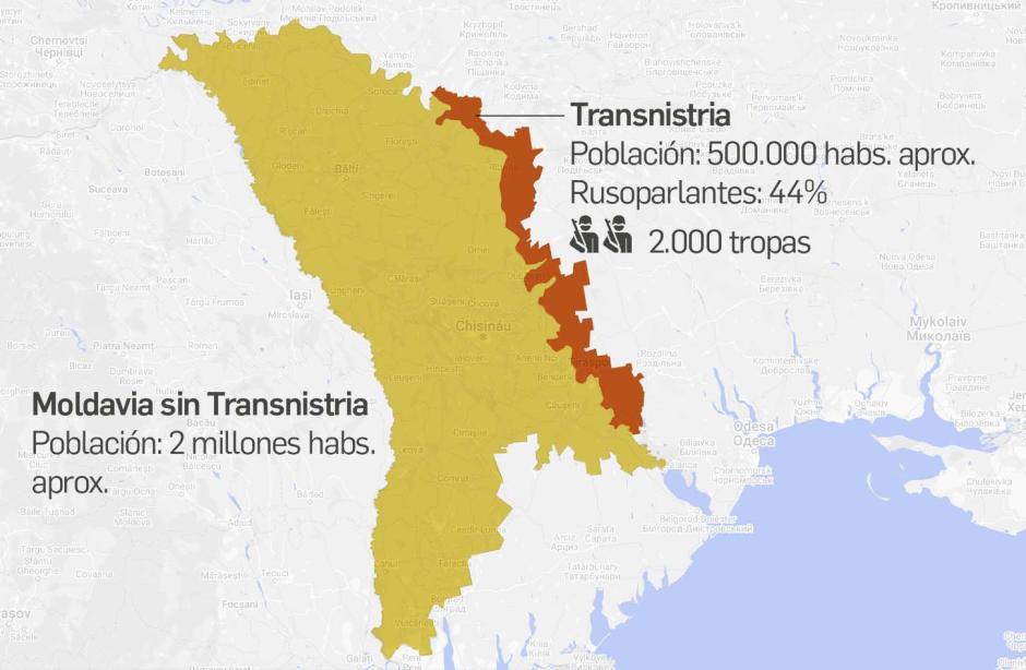 Mapa de Moldavia con la región de Transnistria ocupada por Rusia