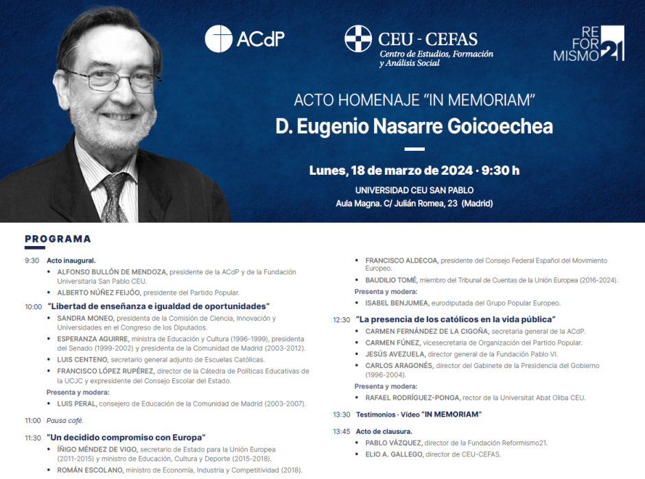 Programa de la jornada homenaje ‘In Memoriam’ a D. Eugenio Nasarre Goicoechea