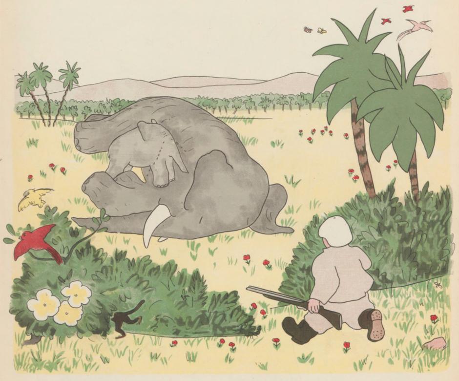 Babar, una cría de elefante, llora sobre el cadáver de su madre, abatida por un cazador