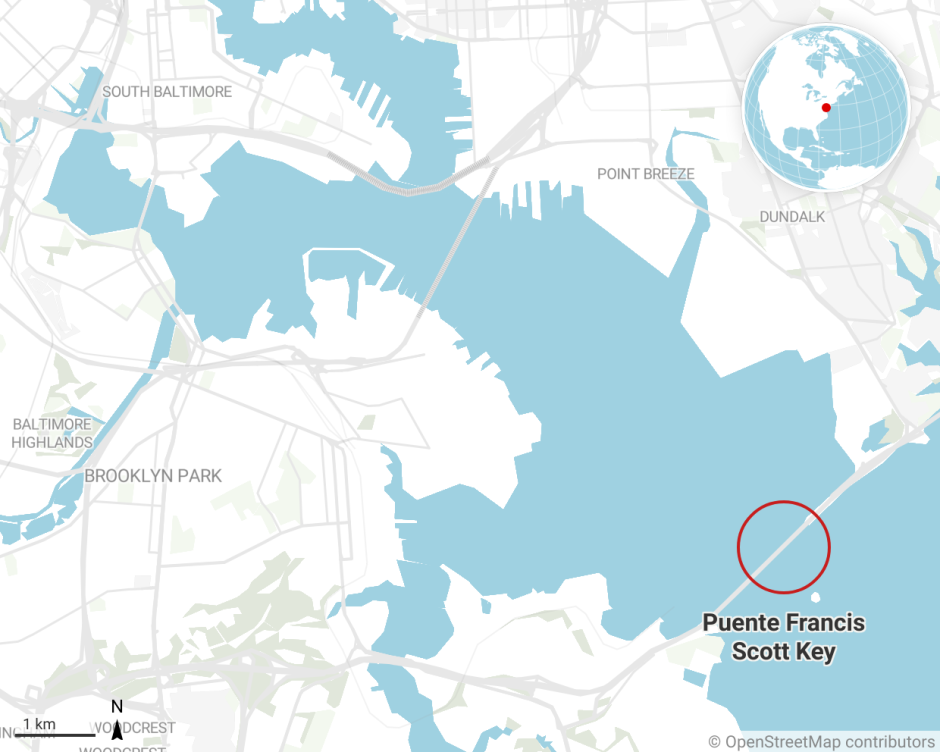 Mapa con la ubicación del impacto contra el puente de Baltimore