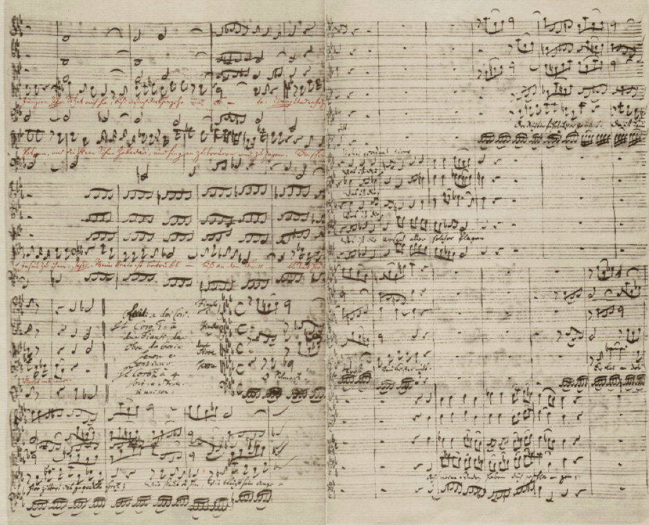 Fin del n.° 24 y comienzo del n.° 25 en copia limpia original de Bach con detalles de la instrumentación