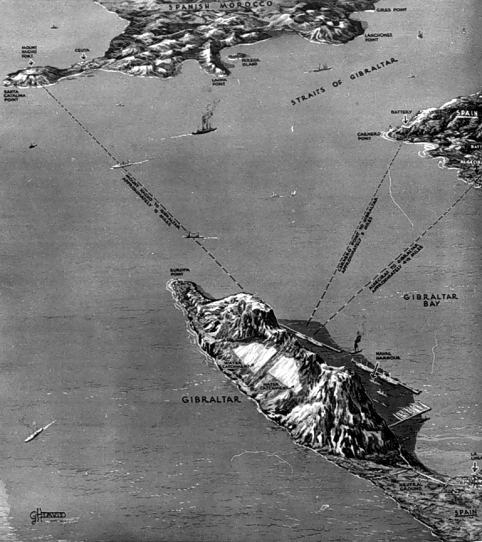 Mapa de 1939 del Estrecho de Gibraltar, publicado en The Illustrated London News