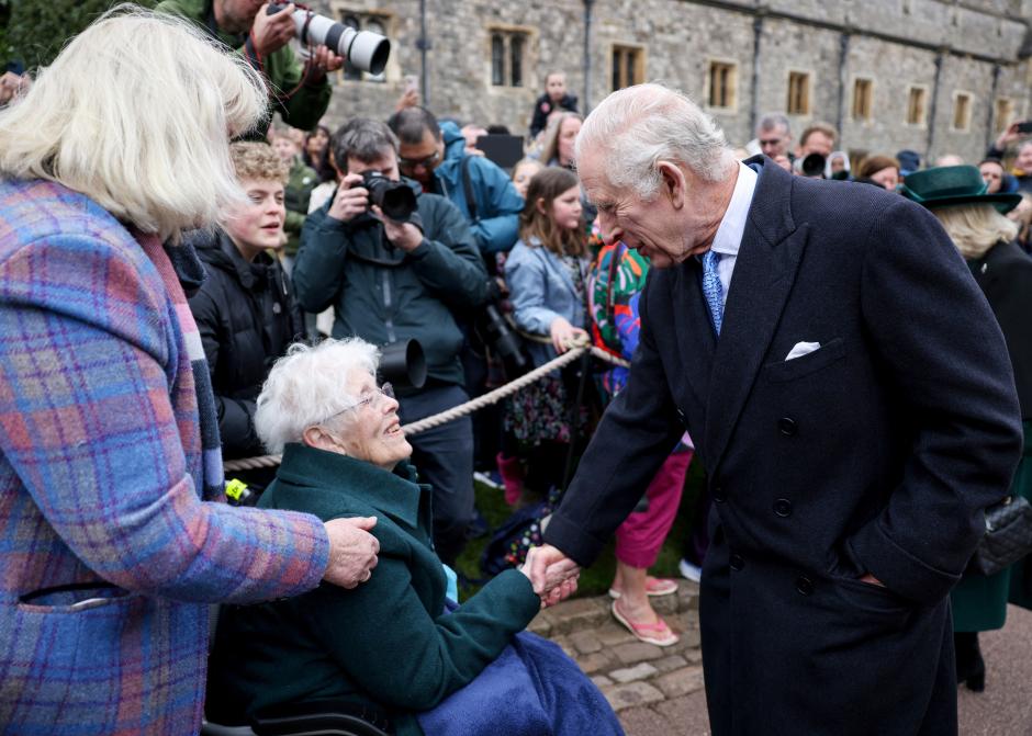 King Charles III *NO UK PRINT/WEB* King Charles III and Queen Camilla greet people after attending the Easter Matins Service in St. George's Chapel at Windsor Castle.

Pictured: King Charles III
Ref: SPL10815331 310324 NON-EXCLUSIVE
Picture by: Hollie Adams-REUTERS/POOL supplied by Splash News / SplashNews.com

Splash News and Pictures
**USE CHILD PIXELATED IMAGES OR FOOTAGE IF YOUR TERRITORY REQUIRES IT**
USA: 310-525-5808 
UK: 020 8126 1009
eamteam@shutterstock.com

World Rights, No United Kingdom Rights
 *** Local Caption *** .
