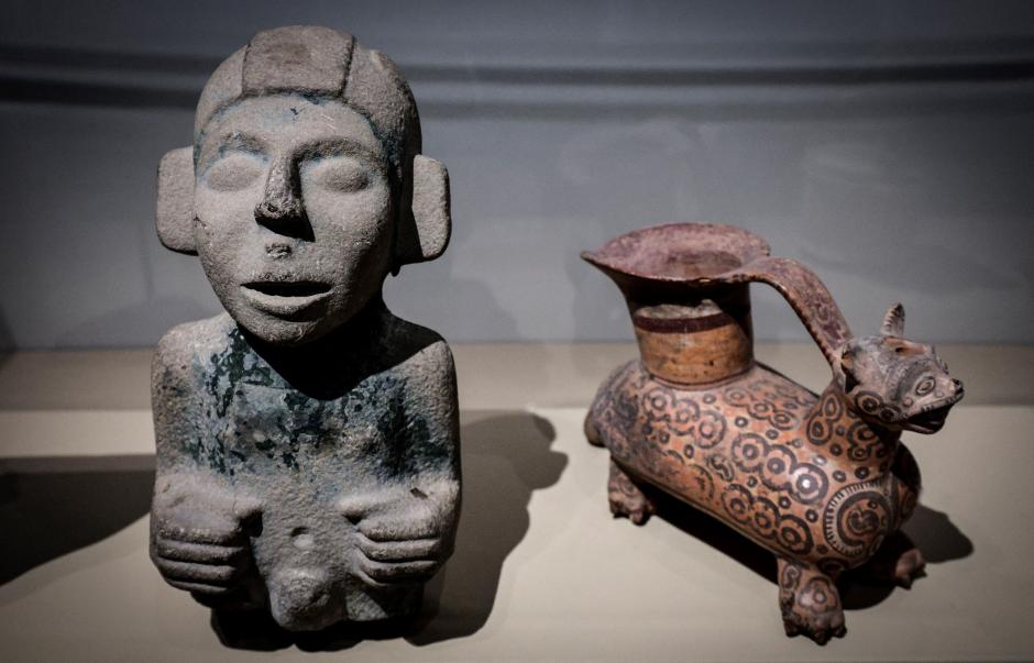 This photograph taken on March 29, 2024 shows statues displayed as part of the "Mexica: Offerings and Gods at the Templo Mayor" exhibition at the Quay Branly-Jacques Chirac Museum in Paris. More than 500 objects, including some 200 offerings found in the ruins of the great Mexica Templo Mayor, will be exhibited from April 3 to September 8, 2024, at the Quai Branly anthropological museum in Paris. (Photo by STEPHANE DE SAKUTIN / AFP)