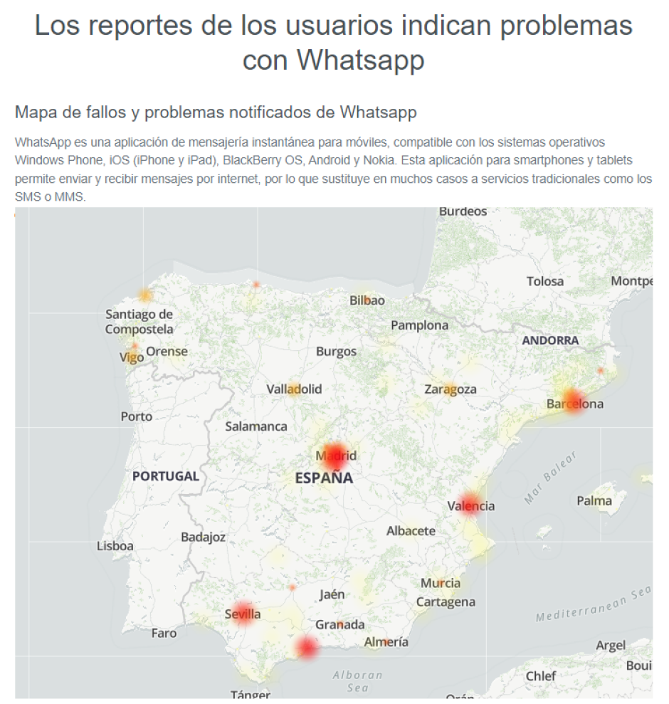 Mapa de calor con los puntos donde se están notificando caídas de WhatsApp