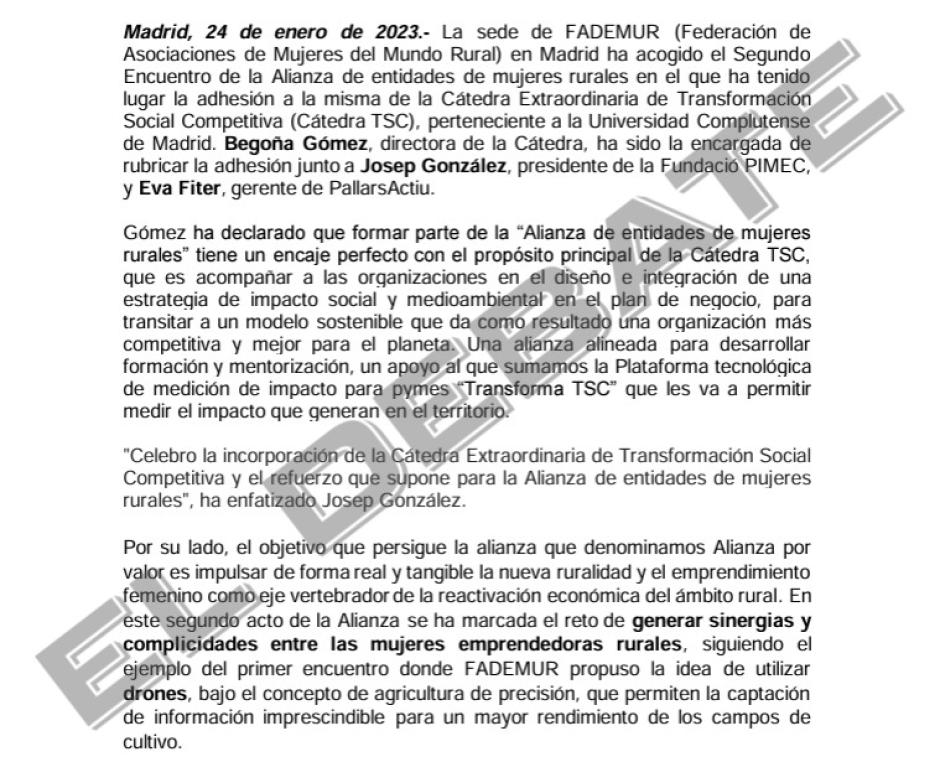 Carta que acredita la alianza entre la cátredra de Begoña Gómez y la federación rural