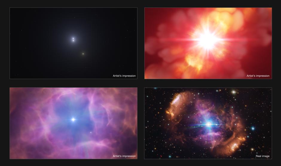 Una violenta colisión entre dos estrellas está detrás de una radiante nebulosa de gas y de polvo situada a casi 4.000 años luz de la Tierra que desde hace muchos años trataban de comprender los astrónomos. Las imágenes muestran tres recreaciones artísticas de aquel evento astronómico y una imagen real de la nebulosa que ahora rodea esas estrellas. EFE/Observatorio Austral Europeo (ESO) -SOLO USO EDITORIAL/SOLO DISPONIBLE PARA ILUSTRAR LA NOTICIA QUE ACOMPAÑA (CRÉDITO OBLIGATORIO)-