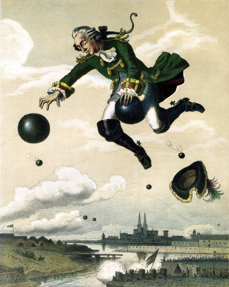 Munchausen monta la bala de cañón, según la imagen de August von Wille