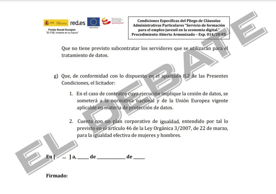 El modelo de declaración responsable que firmó la UTE recomendada por Begoña Gómez