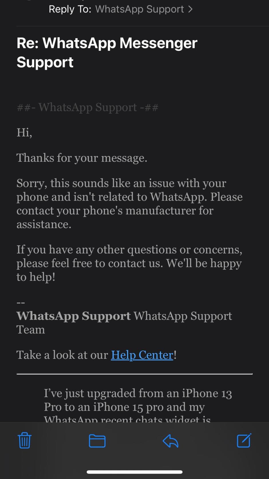 Mail de WhatsApp donde piden a los usuarios que se pongan en contacto con Apple
