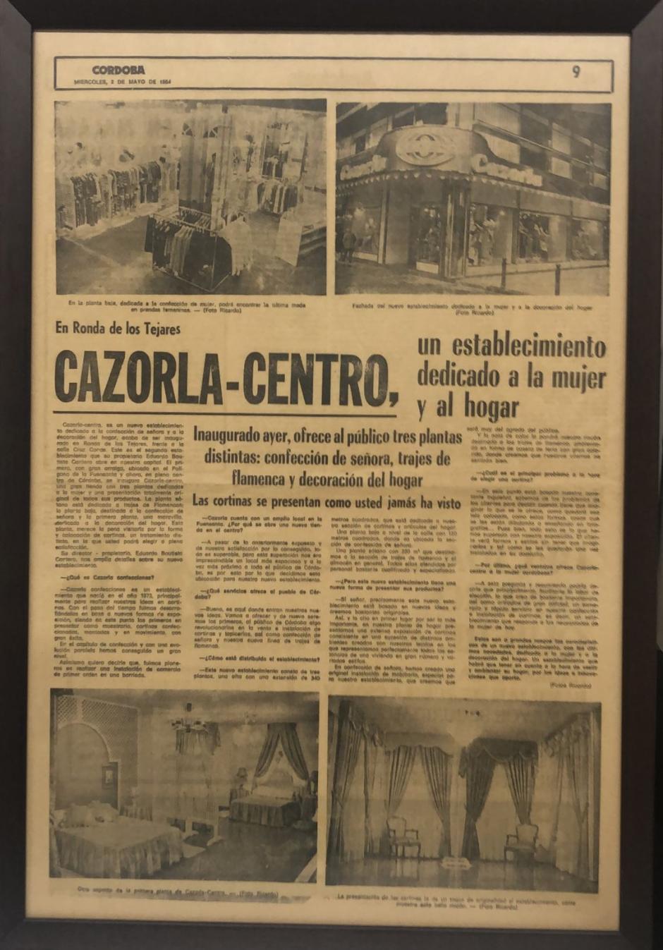 En Cazorla conservan enmarcada la página del Diario Córdoba que se hacía eco de la noticia de su nueva ubicación de Ronda de los Tejares en 1984