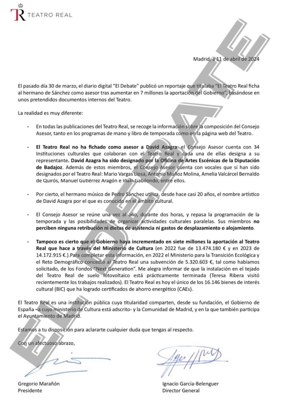 Carta de Gregorio Marañón a los directivos del Teatro Real