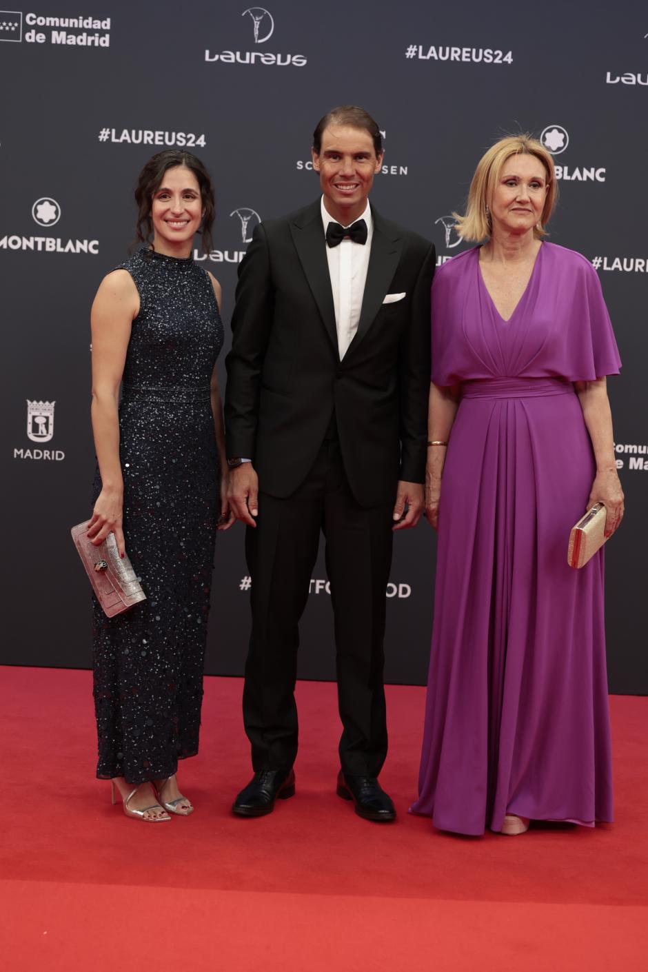 Tennisplayer Rafael Nadal and Xisca Perello with Ana Maria Parera at photocall for Laureus awards 2024 in Madrid on Monday, 22 April 2024.