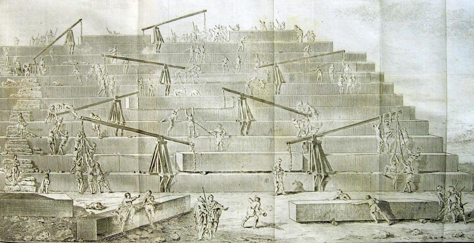 Interpretación de Antoine-Yves Goguet en 1820 de la construcción de la Gran pirámide descrita por Heródoto