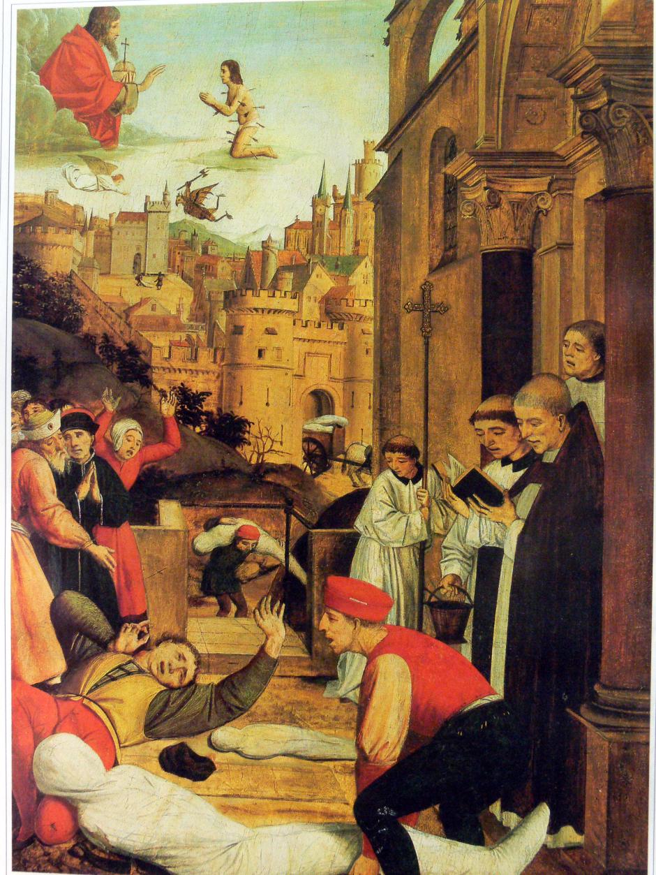 San Sebastián suplicando por la vida de un sepulturero enfermo de peste durante la peste de Justiniano