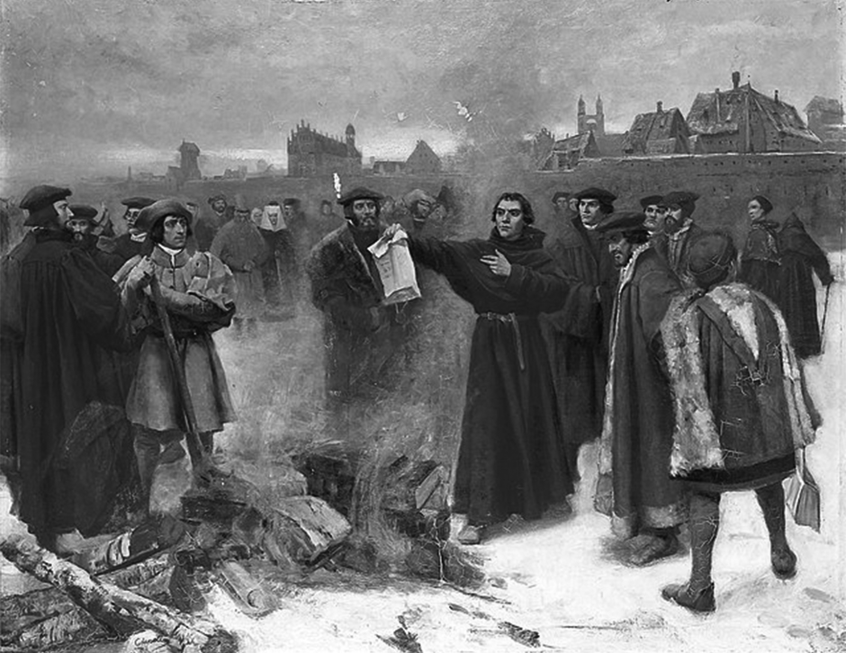 Martín Lutero, quemando públicamente la bula condenatoria de León X