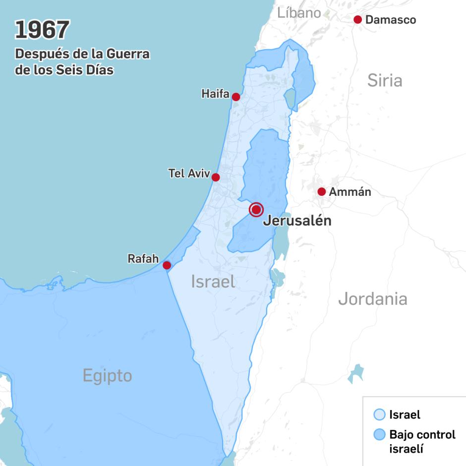 Mapa de Israel y los territorios bajo su control después de la guerra de los seis días (1967)