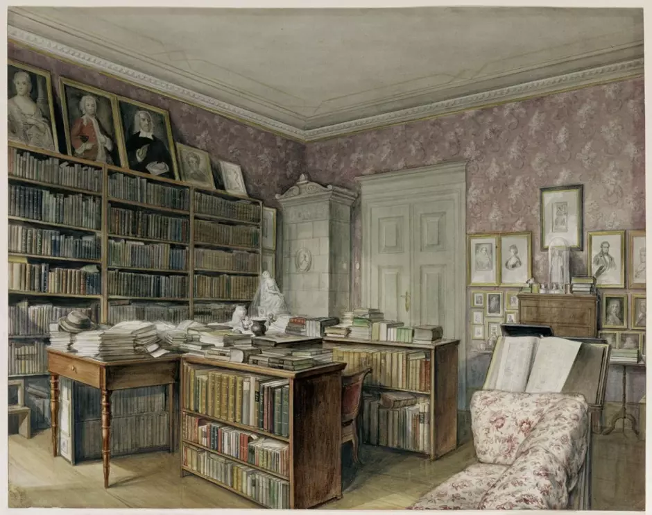 Estudio de Jacob Grimm en la Linkstrasse 7 de Berlín, 1860, acuarela de Moritz Hoffmann