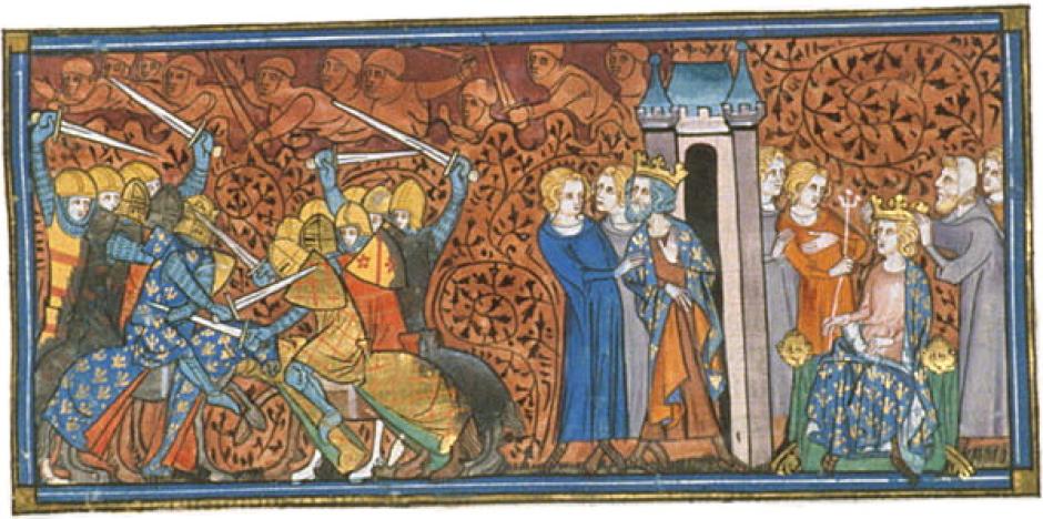 Ilustración del siglo xiv mostrando de izquierda a derecha la batalla de Soisson, la prisión de Carlos III y la coronación de Rodolfo