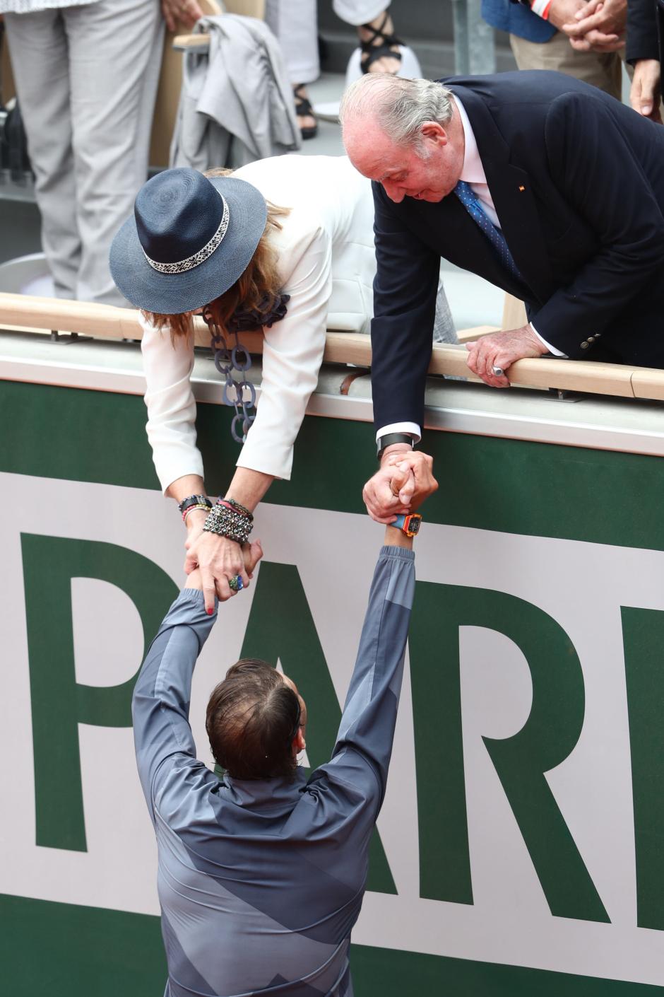King Juan Carlos of Spain and his daughter Infanta Elena of Borbon with Rafael Nadal attend the finals of the Roland Garros 2019 in Paris on June 9, 2019.