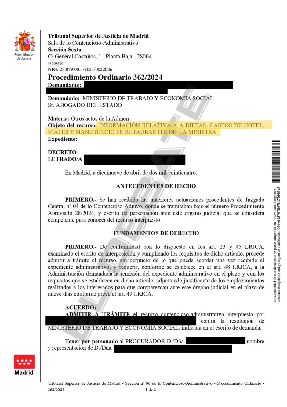 Documento del TSJ que admite a trámite el recurso para que Yolanda Díaz informe sonre dietas y hoteles