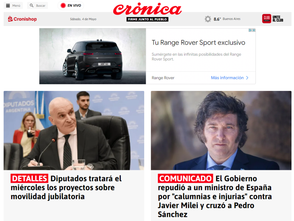 El conflicto diplomático ocasionado por Óscar Puente es la segunda noticia del día para el diario Crónica