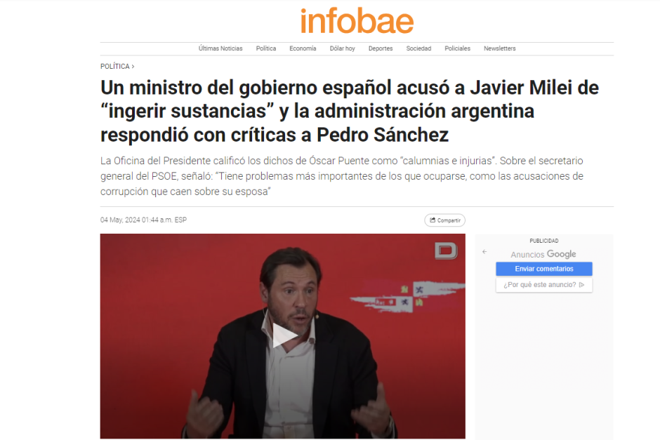La dura respuesta de Milei a las «calumnias» de Óscar Puente ha llevado los problemas legales de Begoña Gómez a la primera plana de los diarios argentinos