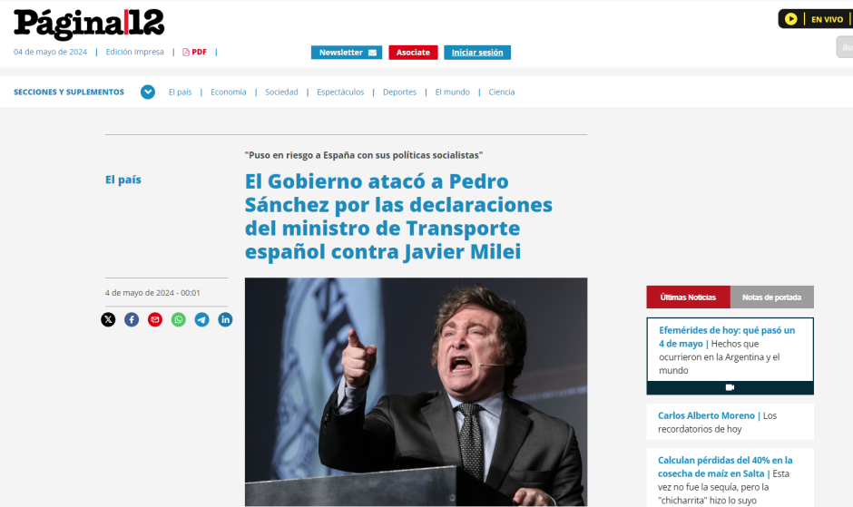 «Puso en riesgo a España con sus políticas socialistas» es el extracto del comunicado de Milei que ha destacado el diario Página 12.