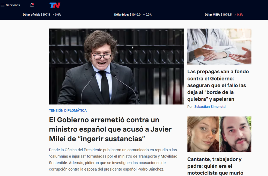 La crisis abierta por la descalificación del ministro Óscar Puente es la noticia de apertura del canal Todo Noticias.