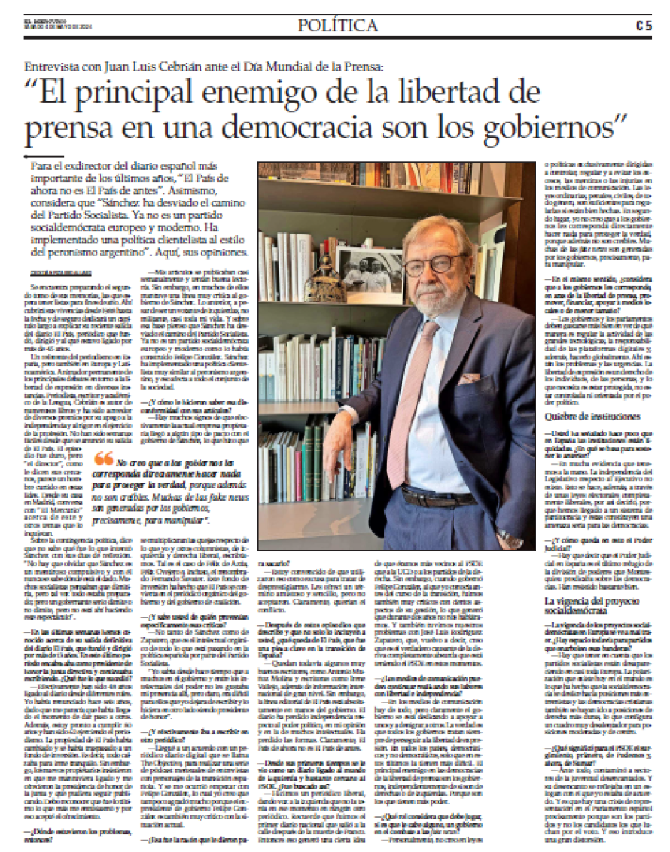 Entrevista de Juan Luis Cebrián en El Mercurio de Chile