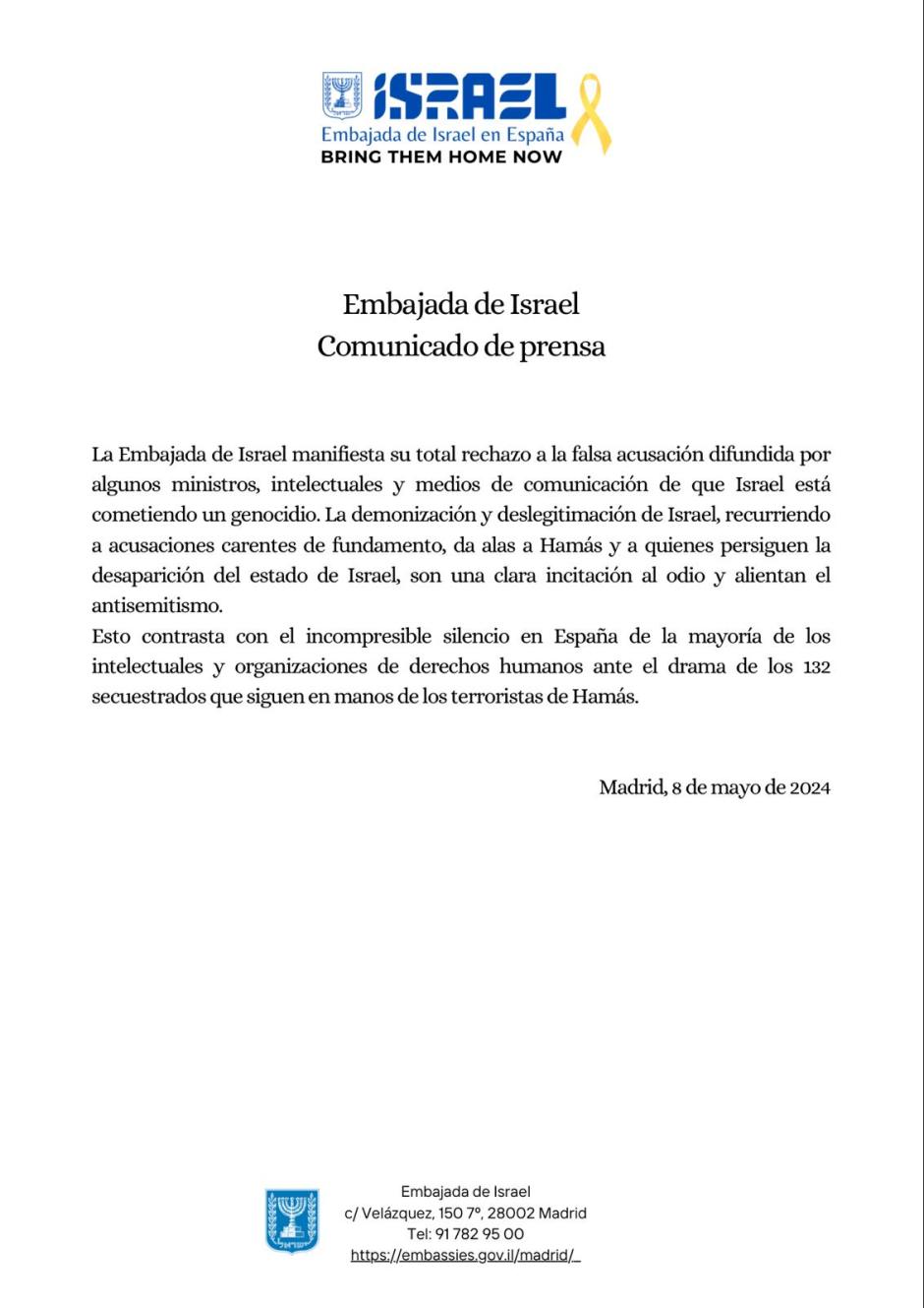 Comunicado de la embajada de Israel en España