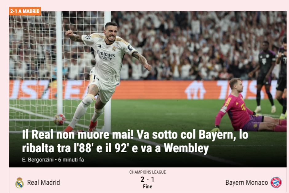 "El Real Madrid no muere nunca" es el titular que lleva la Gazzetta para remarcar que los blancos perdían en el minuto 88