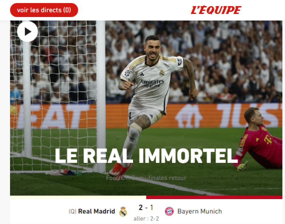 L'Equipe destaca también lo difícil que es tumbar al Real Madrid en la Copa de Europa: "El Real inmortal"
