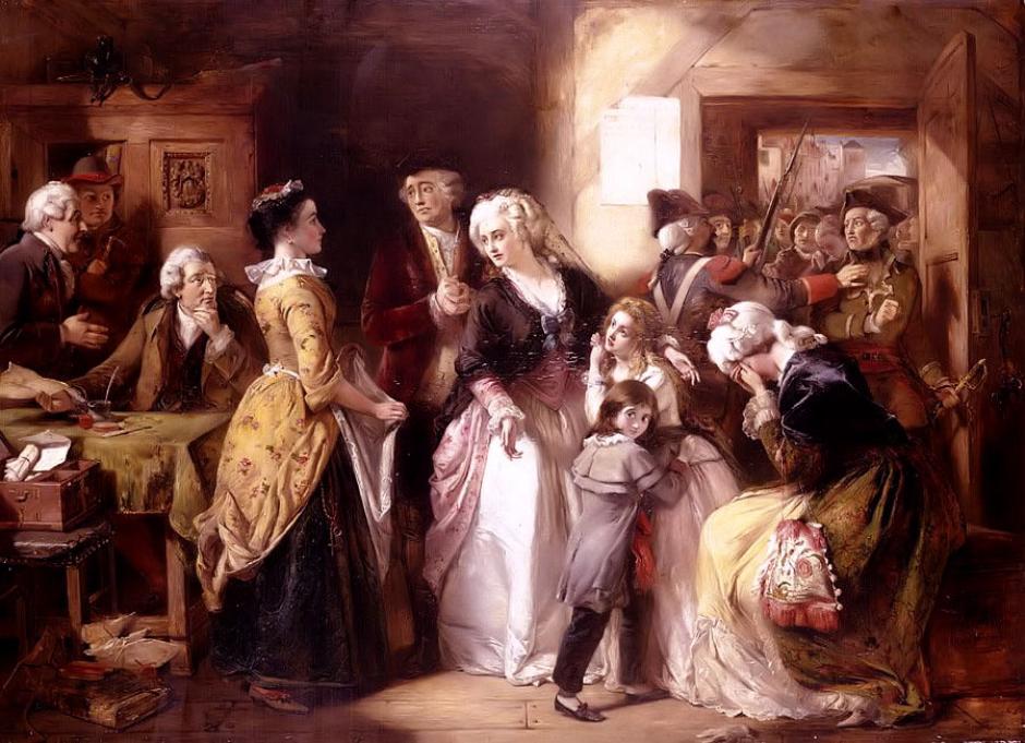 Luis XVI y su familia, vestidos de burgueses, detenidos en Varennes. Obra de Thomas Falcon Marshall