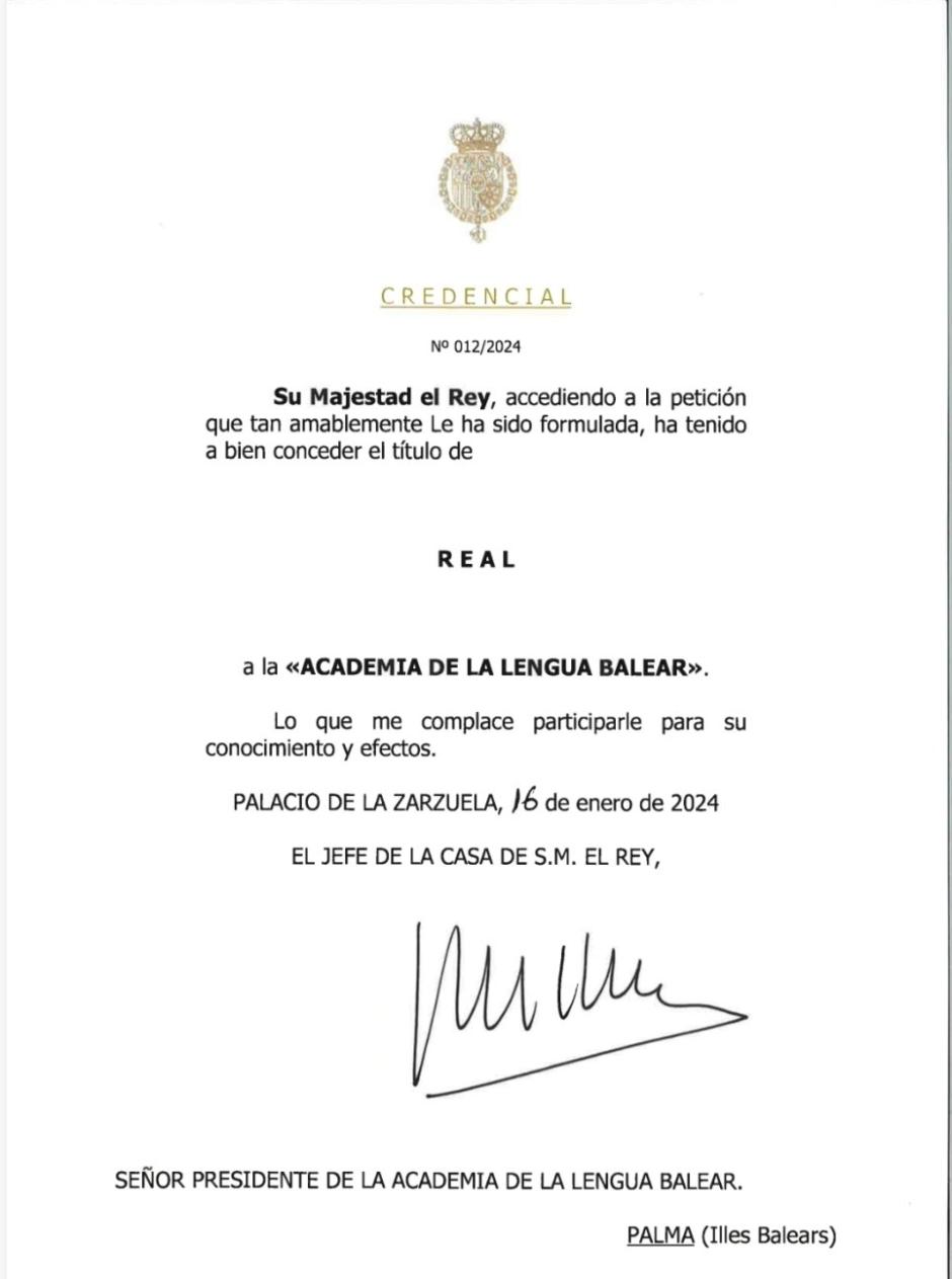 Credencial por la que se concede el título de Real a la Academia de la Lengua Balear