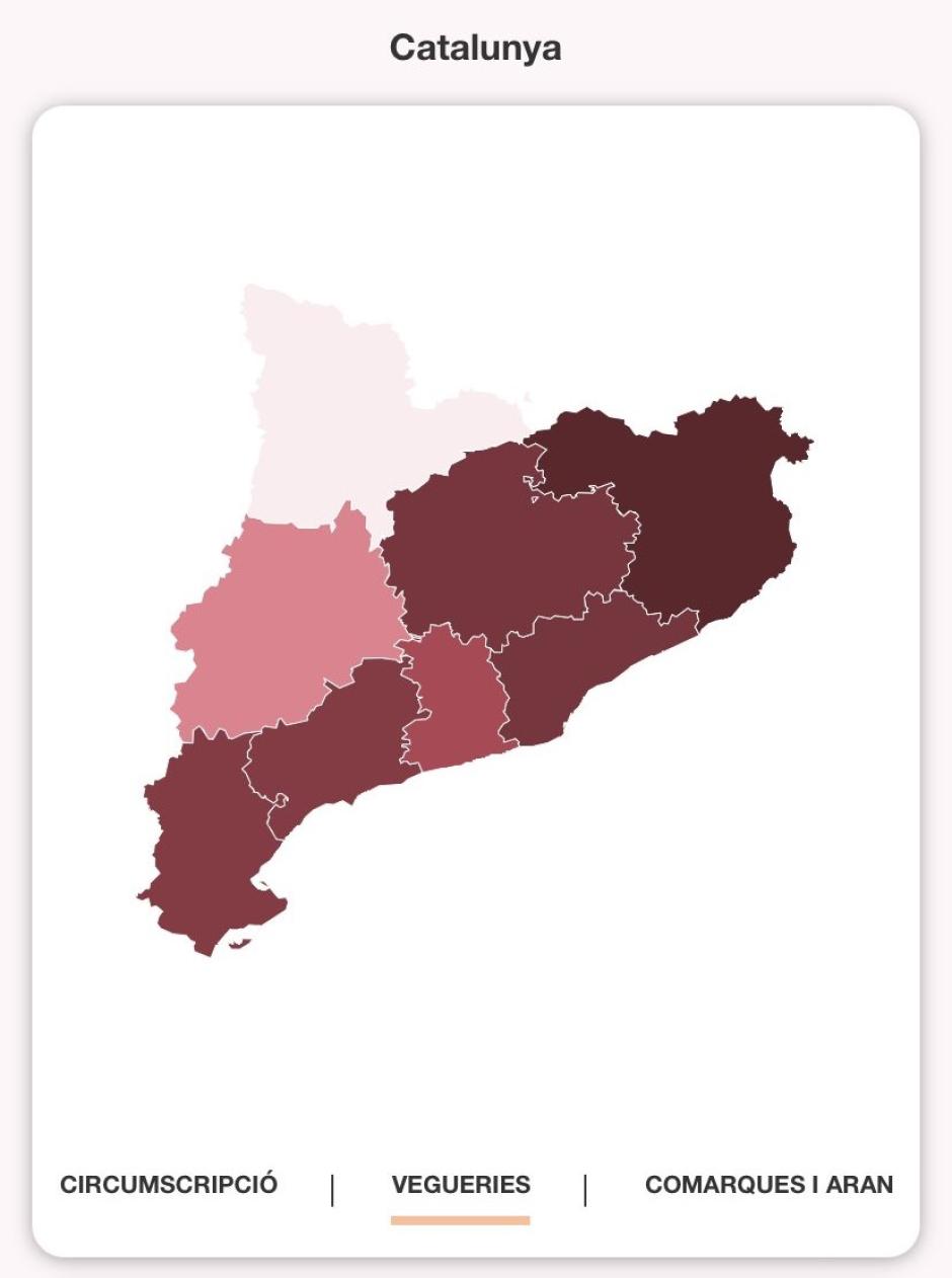 Mapa por veguerías, en la aplicación 'Elecciones Catalunya 2024'.