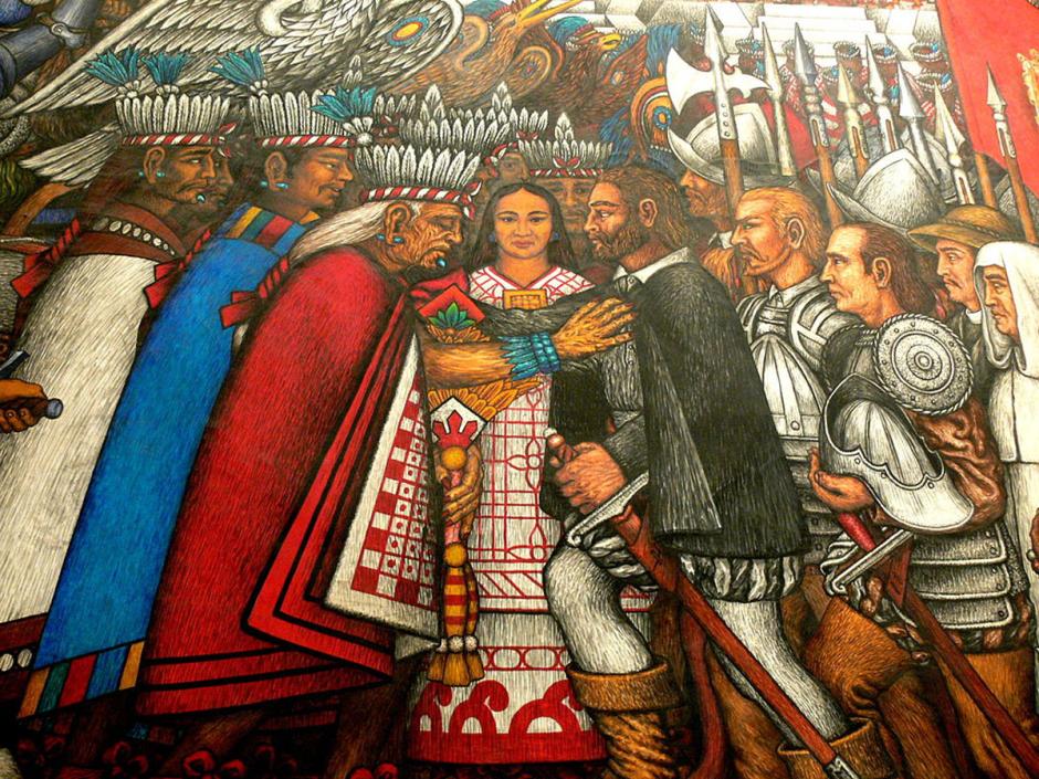 Negociaciones entre españoles y tlaxcaltecas. Mural de Desiderio Hernández Xochitiatzin